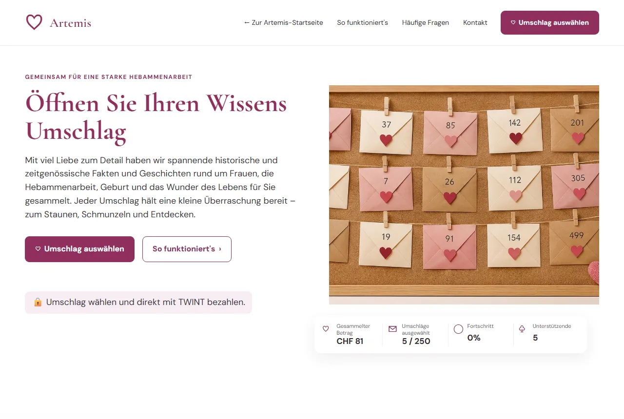 Bildschirmfoto der Startseite: Überschrift Gemeinsam für eine starke Hebammenarbeit, daneben das Foto nummerierter Umschläge an einer Pinnwand